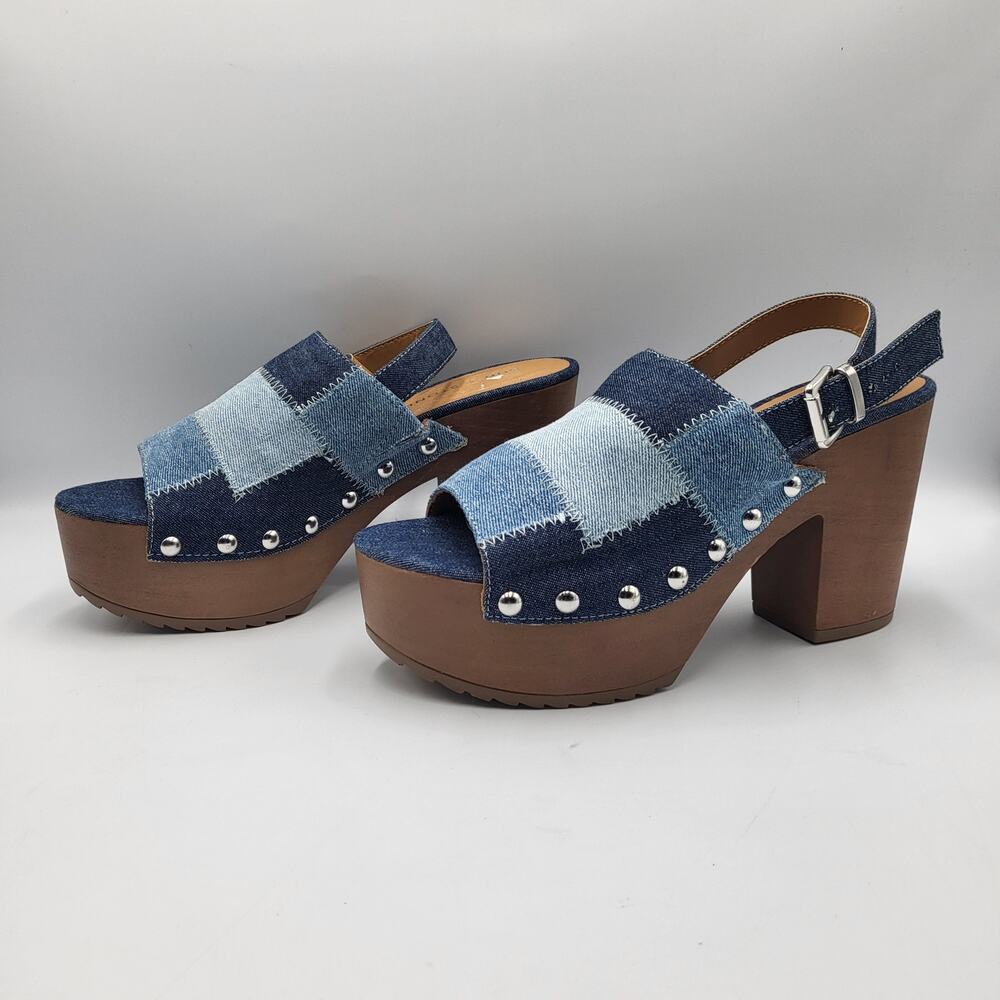 NWOT Sun & Stone Rayaell Studded Patchwork Denim Slingback Platform Sandals 6.5M - Picture 4 of 14